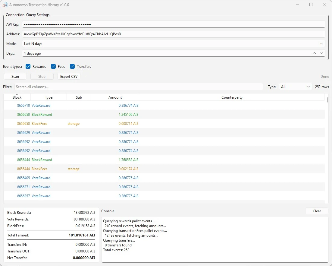 Autonomys Transaction History screenshot